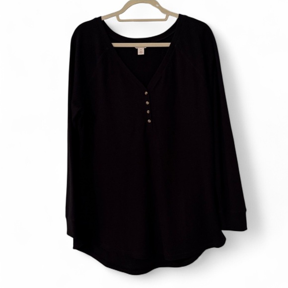 Caslon Waffle Knit Henley Long Sleeve Top Black XXL - Picture 2 of 9